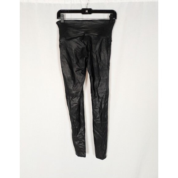 Spanx Leggings L Women's Black Shiny Faux Leather Look Pull On Skinny Ankle - Picture 3 of 6